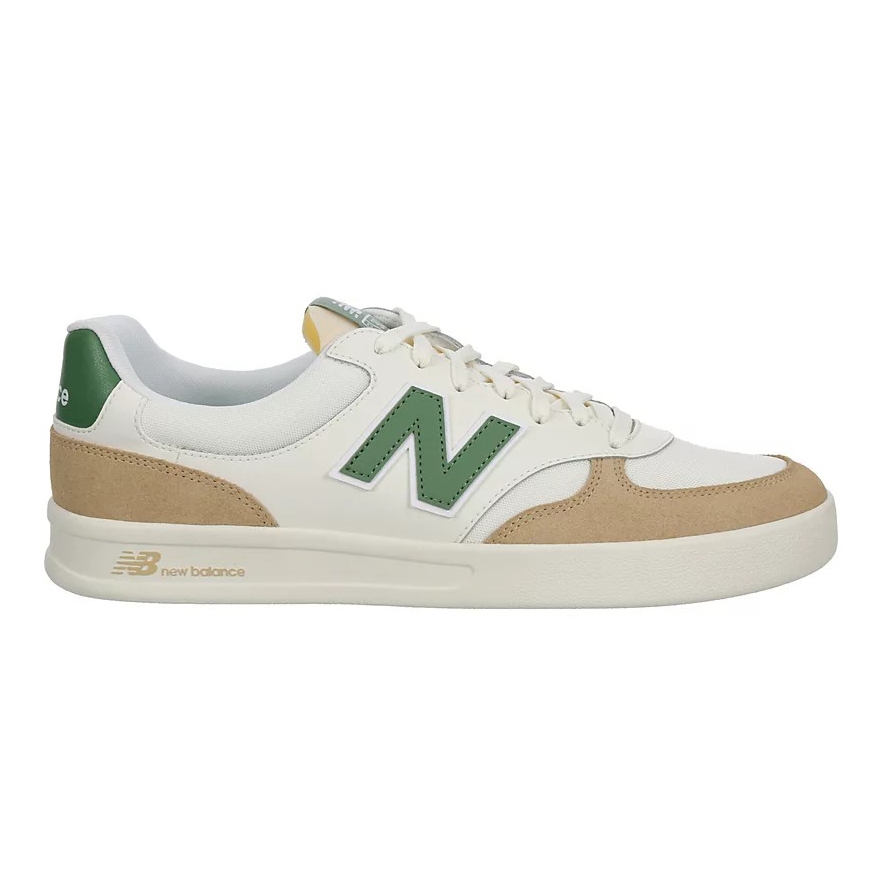 New Balance sneaker with a green \“N\“ logo, white base, tan suede accents, and a white sole.