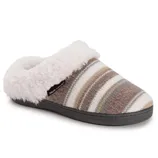 A cozy slipper with a striped pattern and a plush white lining, featuring a black sole and a label that reads \“MUK LUKS.\“