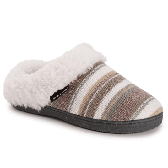 A cozy slipper with a striped pattern and a plush white lining, featuring a black sole and a label that reads \“MUK LUKS.\“