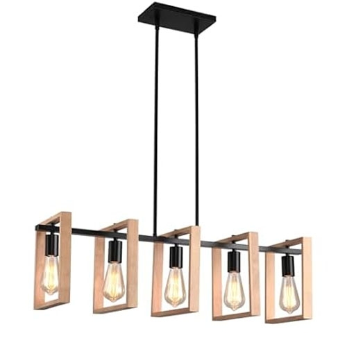A rectangular chandelier features five hanging Edison-style light bulbs in a black and wood frame design.