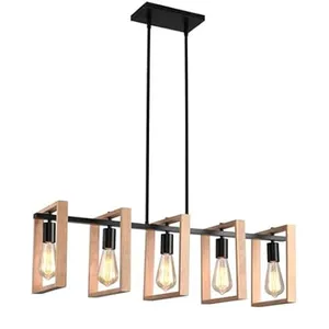 A rectangular chandelier features five hanging Edison-style light bulbs in a black and wood frame design.