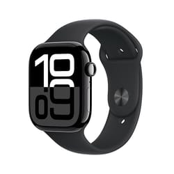 This is an Apple Watch with a black band and a square black display showing a digital time face with large numerals.