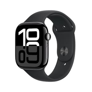 This is an Apple Watch with a black band and a square black display showing a digital time face with large numerals.