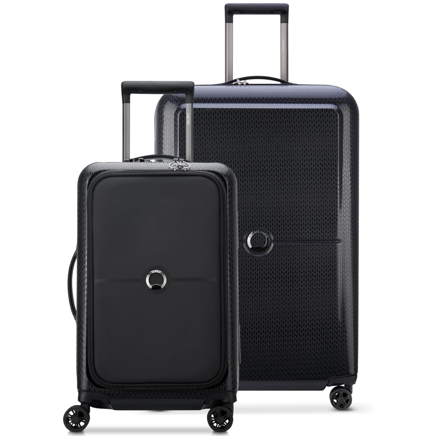 A two-piece Delsey Paris luggage set featuring a sleek black design with a glossy finish, spinner wheels, and TSA-approved locks. The set includes a carry-on and a larger suitcase, both with telescopic handles and secure closures.