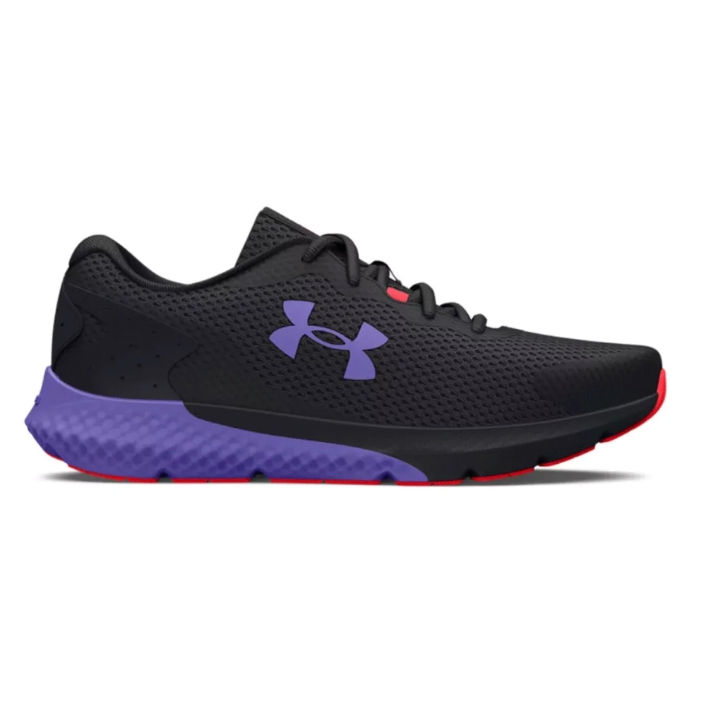 UA Women's Charged Shoes are black with a purple Under Armour logo and a purple sole. They feature breathable mesh material and have red accents on the sole's bottom edge.