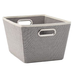A fabric storage bin with a grey, textured exterior and metal oval handles, designed for organizing or decluttering spaces.
