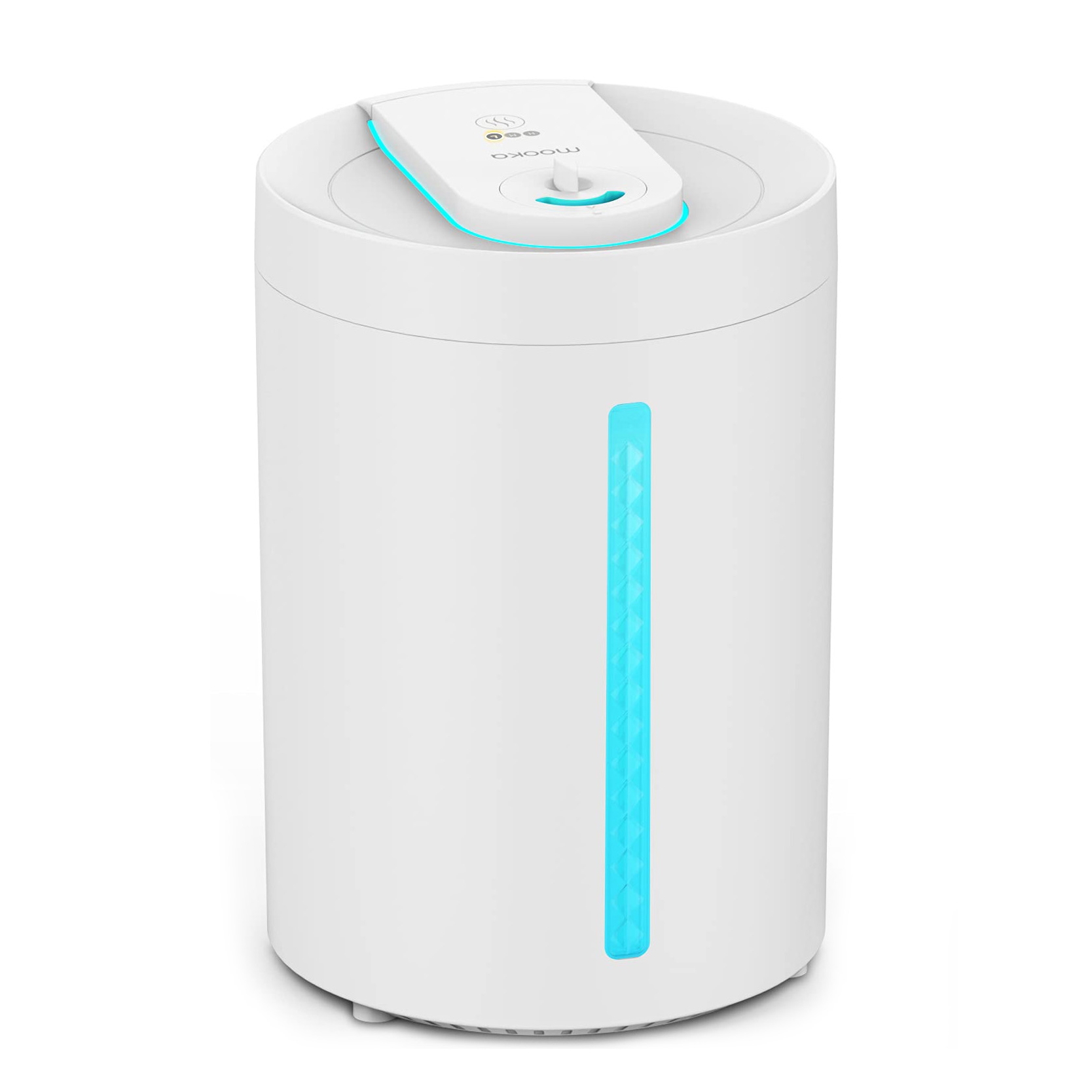Two cylindrical cool mist humidifiers with a blue light strip and a top control panel. They are designed in a white and soft teal color scheme.