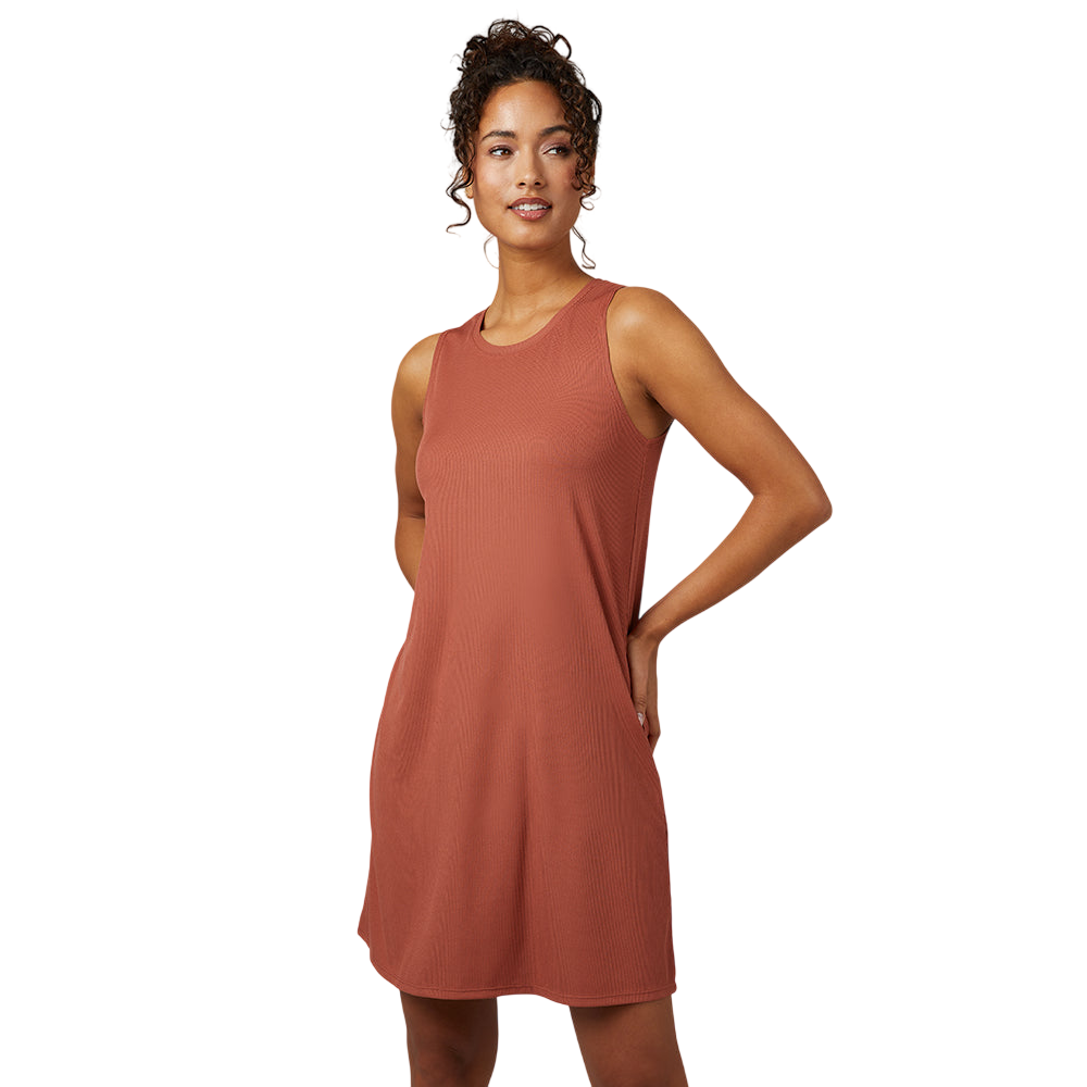 A sleeveless, terracotta-colored dress with a relaxed fit and ribbed texture, suitable for casual wear.