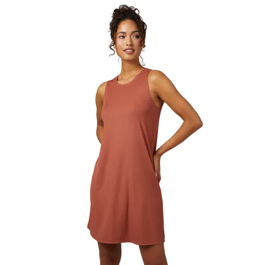 A sleeveless, terracotta-colored dress with a relaxed fit and ribbed texture, suitable for casual wear.