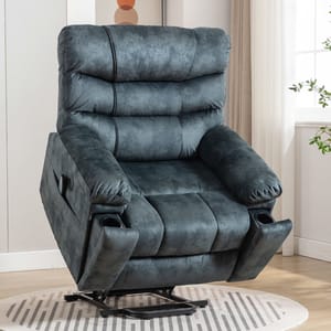 A plush, dark gray electric recliner chair with cup holders and a lift function, designed for comfort and accessibility.