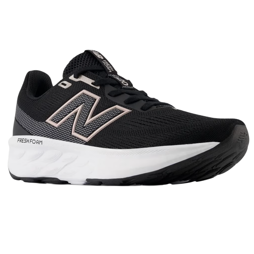 A black New Balance running shoe with a white Fresh Foam midsole and black outsole.