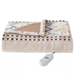 A folded electric blanket with a patterned design in beige and brown tones is shown, featuring a white remote control for adjusting heat settings.