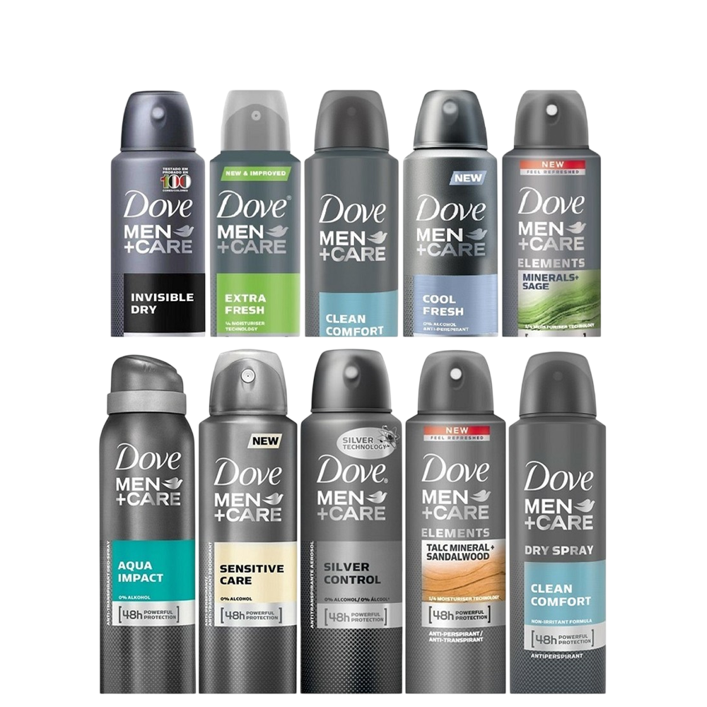 A collection of Dove Men+Care deodorant sprays featuring varieties like Invisible Dry, Extra Fresh, Clean Comfort, Cool Fresh, Mineral Sage, Aqua Impact, Sensitive Care, Silver Control, Talc Mineral Sandalwood, and Dry Spray.