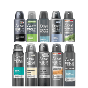 A collection of Dove Men+Care deodorant sprays featuring varieties like Invisible Dry, Extra Fresh, Clean Comfort, Cool Fresh, Mineral Sage, Aqua Impact, Sensitive Care, Silver Control, Talc Mineral Sandalwood, and Dry Spray.