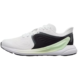 White and black athletic shoe with a green accent on the midsole, featuring a breathable mesh upper and cushioning sole designed for comfort and support.