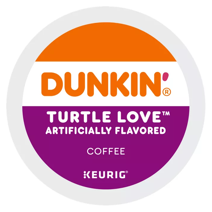 Dunkin' Turtle Love K-Cups are artificially flavored coffee pods compatible with Keurig machines. The packaging features the Dunkin' logo in orange and purple colors.