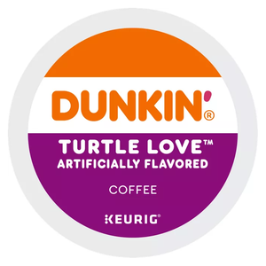 Dunkin' Turtle Love K-Cups are artificially flavored coffee pods compatible with Keurig machines. The packaging features the Dunkin' logo in orange and purple colors.