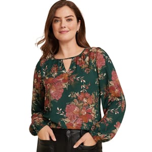 Green long-sleeve blouse with a floral print in shades of red and pink, featuring a small V-neck cutout and a relaxed fit.