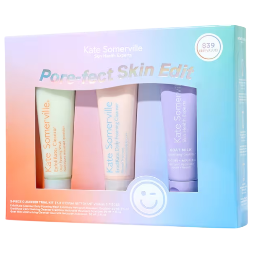 Kate Somerville Pore-fect Skin Edit 3-piece cleanser trial kit includes ExfoliKate Cleanser, Gentle Daily Face Wash, and Goat Milk Moisturizing Cleanser, valued at $39.