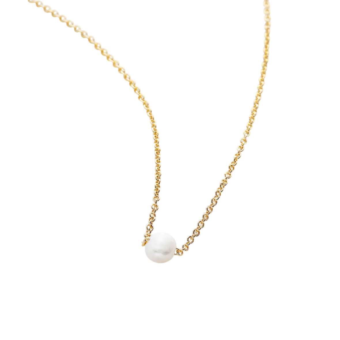 Gold chain necklace featuring a single white pearl.