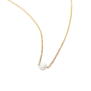 Gold chain necklace featuring a single white pearl.