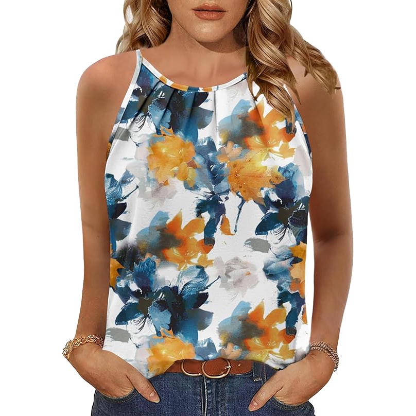 A sleeveless halter top with a colorful floral pattern featuring blue and orange hues. The top is paired with jeans and accessorized with a bracelet.