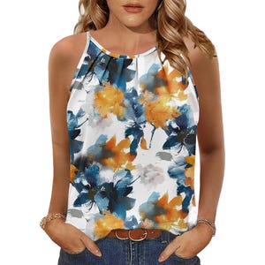 A sleeveless halter top with a colorful floral pattern featuring blue and orange hues. The top is paired with jeans and accessorized with a bracelet.