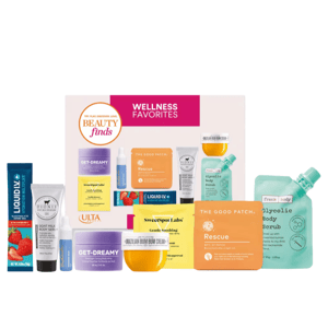 Wellness Favorites set featuring Liquid I.V., Dionis Goat Milk Body Serum, SweetSpot Labs wipes, The Good Patch, Brazilian Bum Bum Cream, Glycolic Body Scrub, and Get-Dreamy night cream.