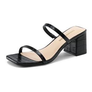 Black open-toe block heels with a crocodile-textured pattern, featuring two thin straps and a square toe design.