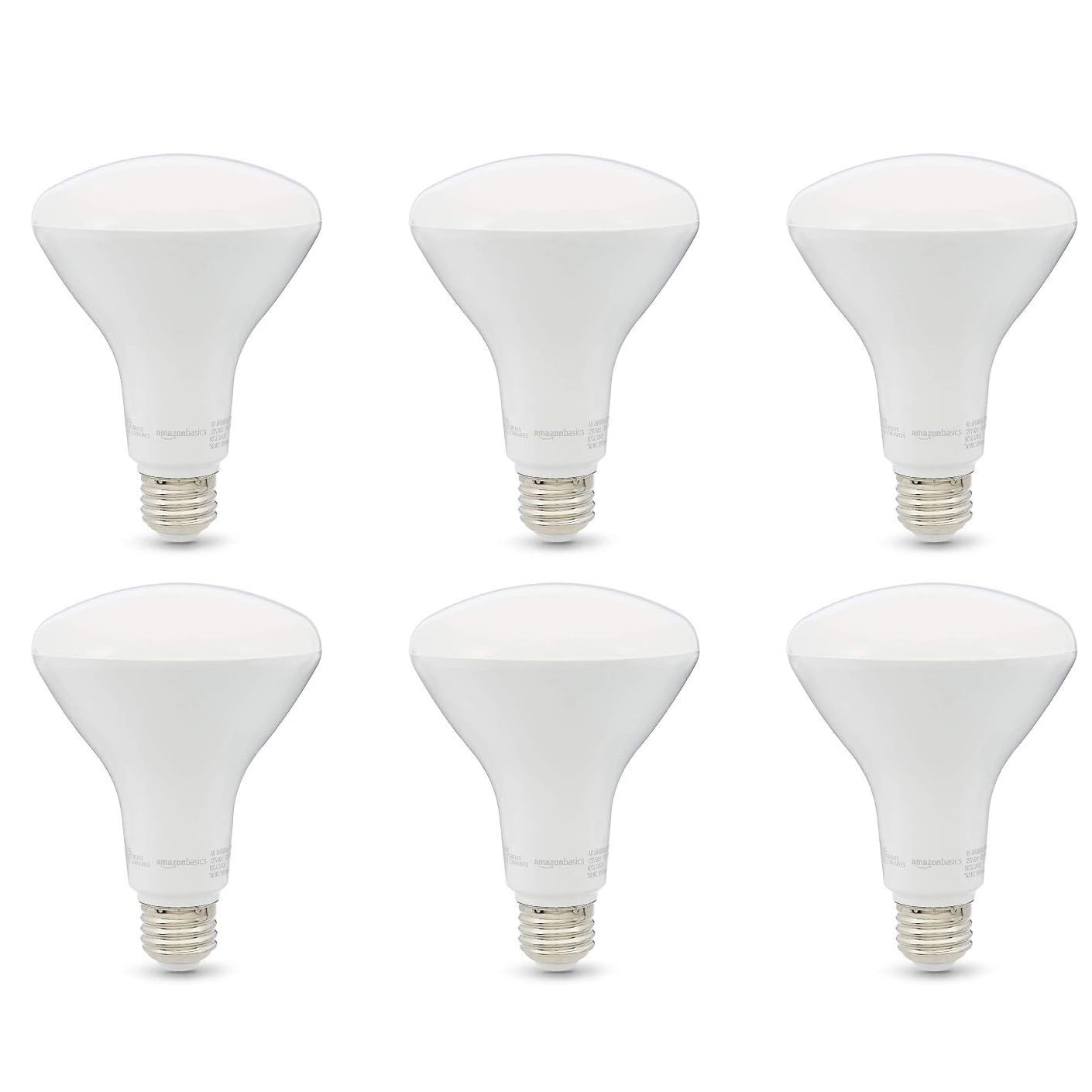 Six white LED light bulbs with a br30 shape and standard screw base.
