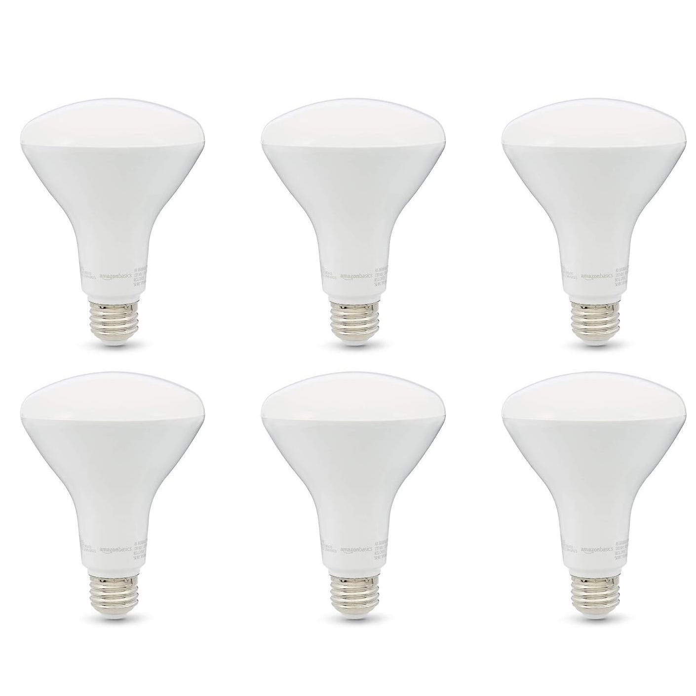 Six white LED light bulbs with a br30 shape and standard screw base.