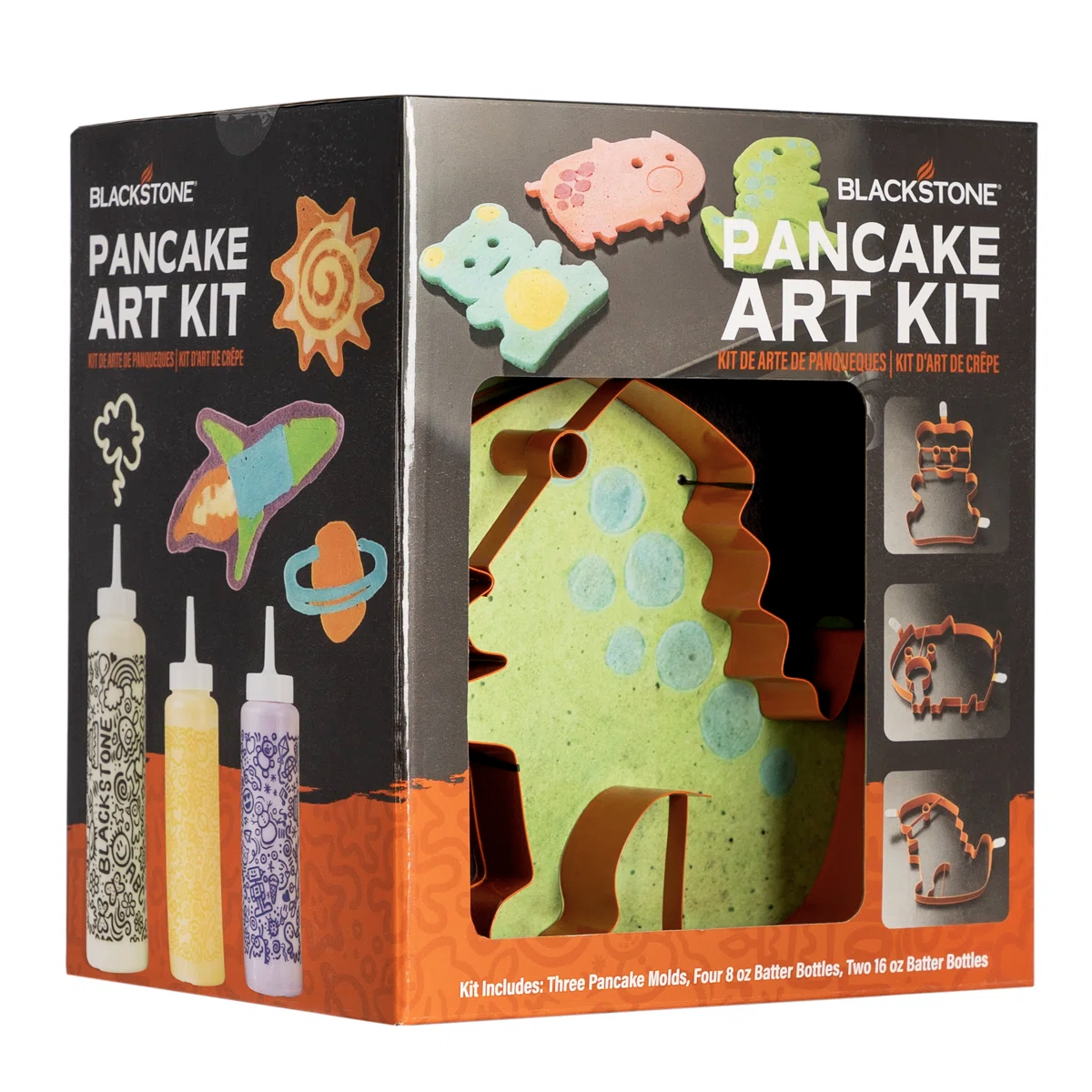 Blackstone Pancake Art Kit includes three pancake molds and six batter bottles (four 8 oz, two 16 oz) for creating artistic pancakes in various fun shapes like animals and rockets.