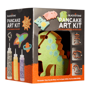 Blackstone Pancake Art Kit includes three pancake molds and six batter bottles (four 8 oz, two 16 oz) for creating artistic pancakes in various fun shapes like animals and rockets.