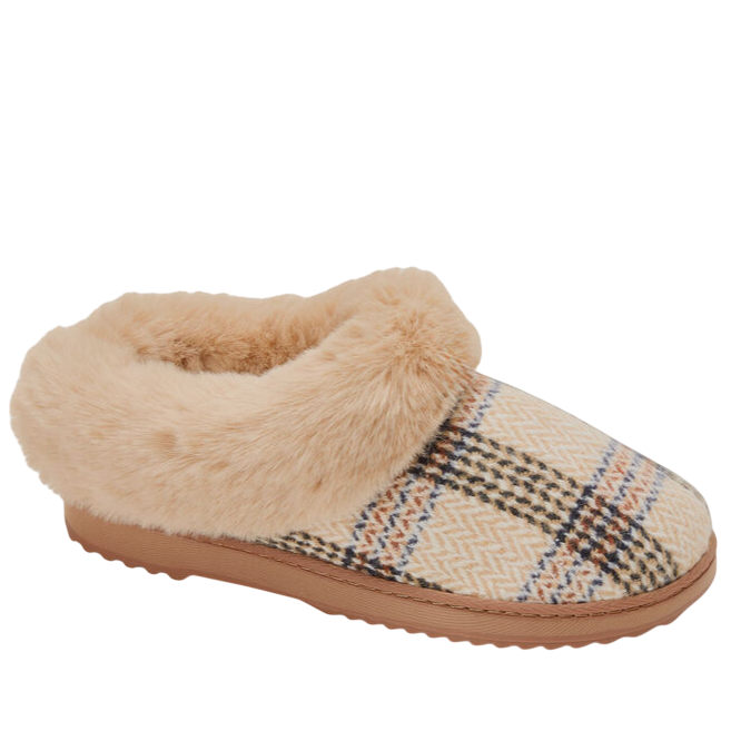 Cozy slipper featuring a fluffy beige lining and a plaid-patterned exterior with a soft brown sole.