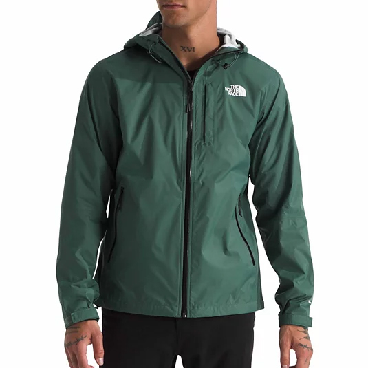 A green North Face hooded waterproof jacket with a front zipper and side pockets, featuring a logo on the chest.