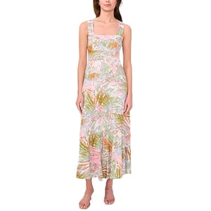 Sleeveless, ankle-length dress with a square neckline and a colorful floral pattern in pink, green, and white tones.