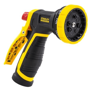A Stanley Fatmax garden hose nozzle with multiple spray settings, featuring a black and yellow ergonomic design for comfortable grip and control.
