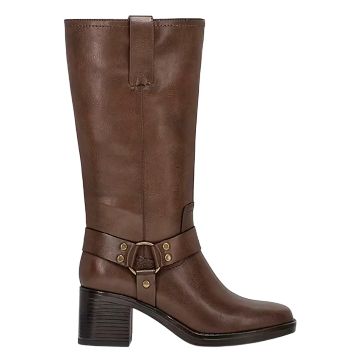Brown knee-high boot with a block heel, featuring a decorative harness strap and metallic accents.