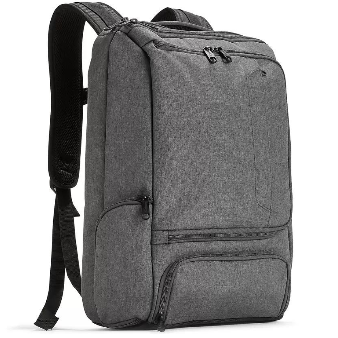 A gray backpack with multiple compartments and black zippers.