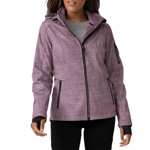 Women's jacket in a muted purple color with a subtle textured pattern, featuring a hood, zippered pockets, and sleek black zipper accents.