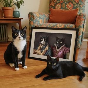 Two cats are seated next to a framed portrait depicting them in royal attire. The setting includes an upholstered armchair with floral patterns and a wooden floor, adding to the cozy ambience.