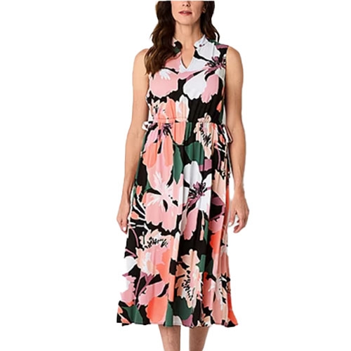 Sleeveless A-line dress featuring a colorful, abstract floral pattern with shades of pink, black, white, and green. It has a V-neckline and cinched waist with side ties for an adjustable fit.