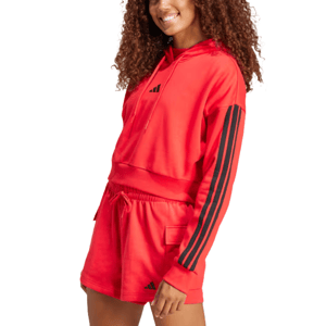 Red Adidas Women's Crop Hoodie with long sleeves, features black stripes down the arms and a small black Adidas logo on the chest. Paired with matching red shorts featuring a drawstring waist and a similar logo.