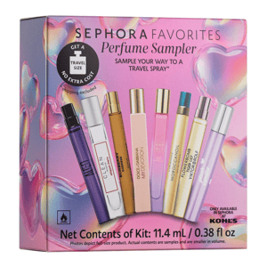 Sephora Favorites Perfume Sampler includes travel-size options of CLEAN, Burberry Goddess, Dolce & Gabbana My Devotion, Kayali, Moroccanoil, and Viktor & Rolf fragrances. Total content: 11.4 mL (0.38 fl oz). Exclusively available at Sephora at Kohl's.