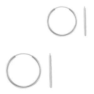 Two pairs of silver hoop earrings are shown, with one earring from each pair partially disassembled to display the clasp mechanism.