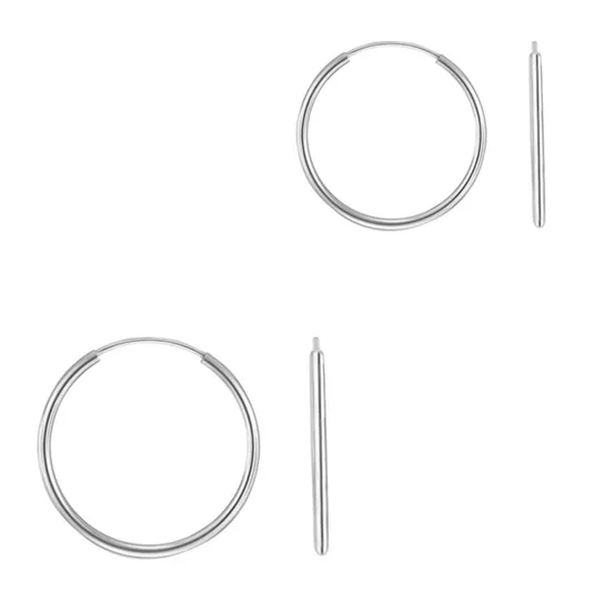 Two pairs of silver hoop earrings are shown, with one earring from each pair partially disassembled to display the clasp mechanism.
