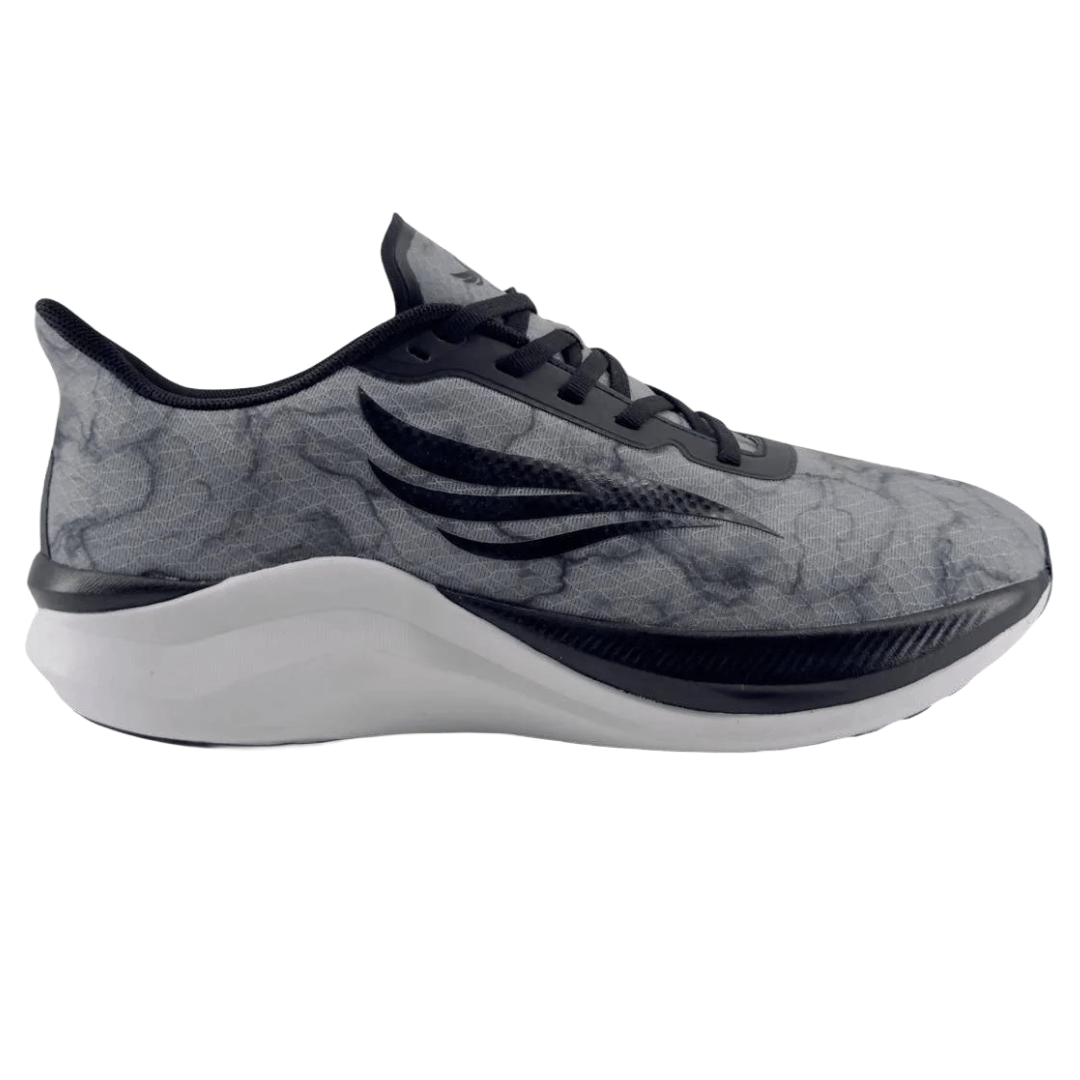 Grey and black running shoe with a patterned upper and a thick, white cushioned sole.