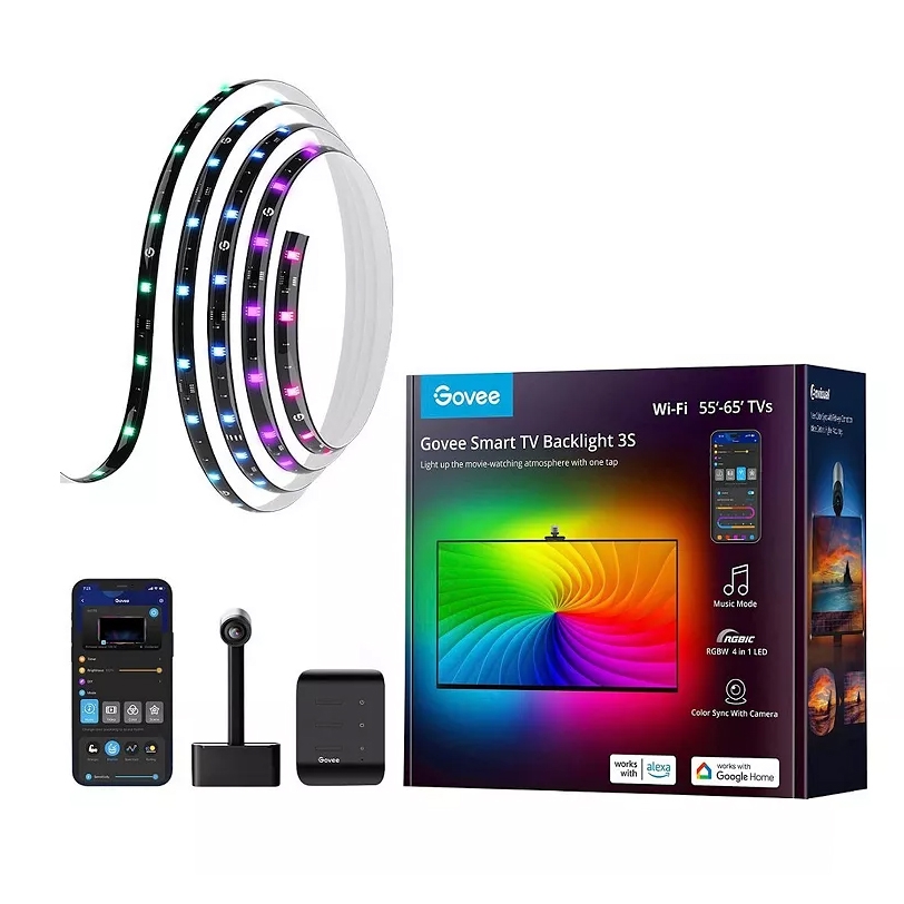 Govee Smart TV Backlight 3S with Wi-Fi, compatible with 55''-65'' TVs, includes LED strip lights, a color-syncing camera, a control device, phone app control, and integration with Alexa and Google Home.