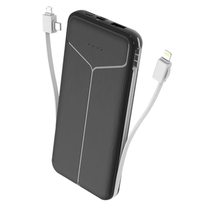 A portable power bank with integrated charging cables, featuring both a Lightning connector and a micro USB connector, suitable for charging various devices.