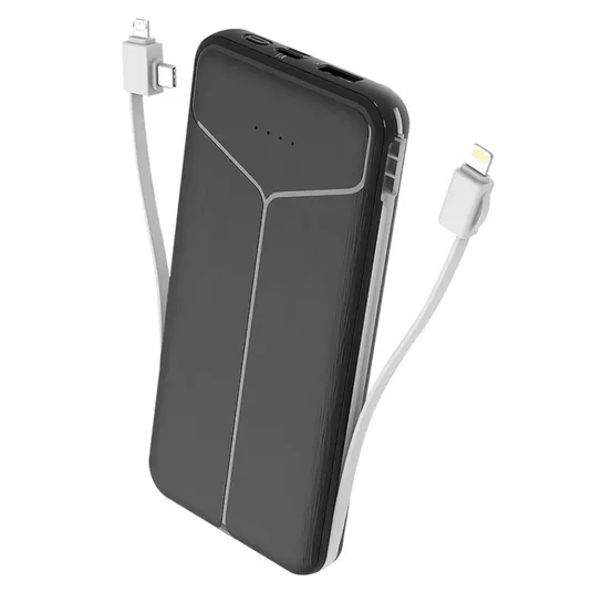 A portable power bank with integrated charging cables, featuring both a Lightning connector and a micro USB connector, suitable for charging various devices.